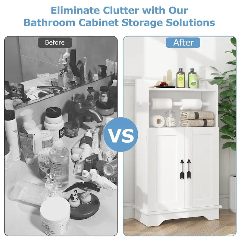 Bathroom Storage Cabinet, Wooden Floor Cabinet with 2 Doors and Toilet Roll Holder, Adjustable Shelf