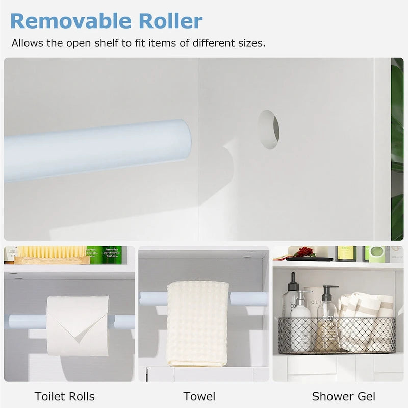 Bathroom Storage Cabinet, Wooden Floor Cabinet with 2 Doors and Toilet Roll Holder, Adjustable Shelf