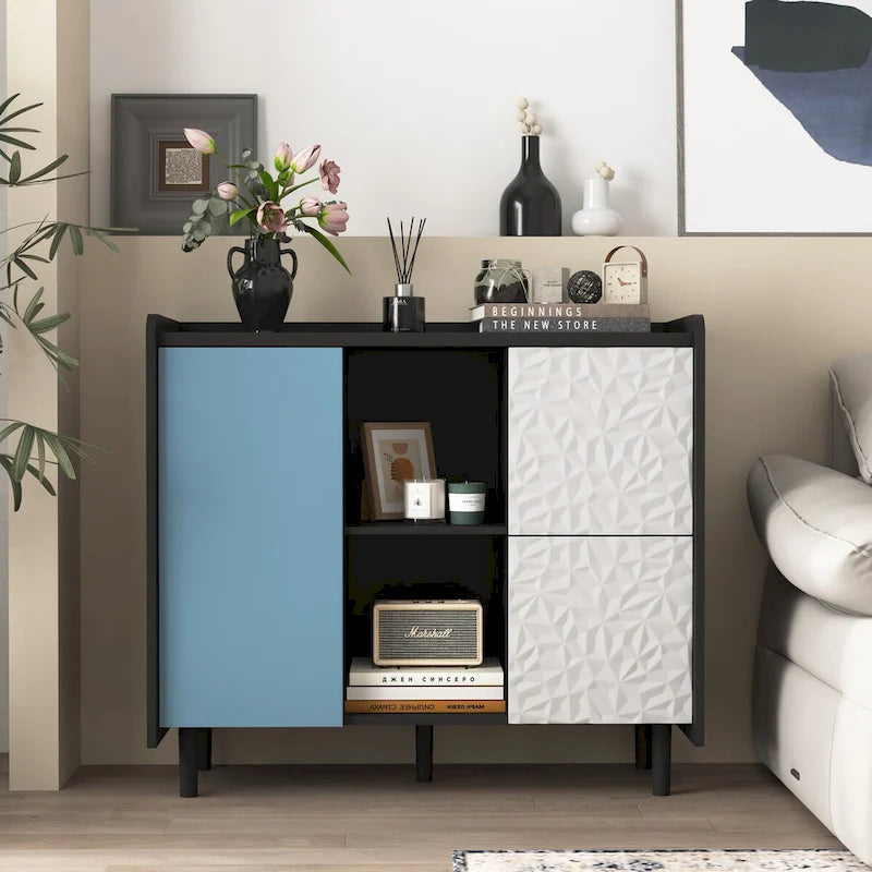 Sideboard Buffet Cabinet with Red Doors, 2 Drawers and 2 Open Compartments