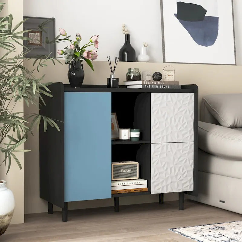 Sideboard Buffet Cabinet with Red Doors, 2 Drawers and 2 Open Compartments