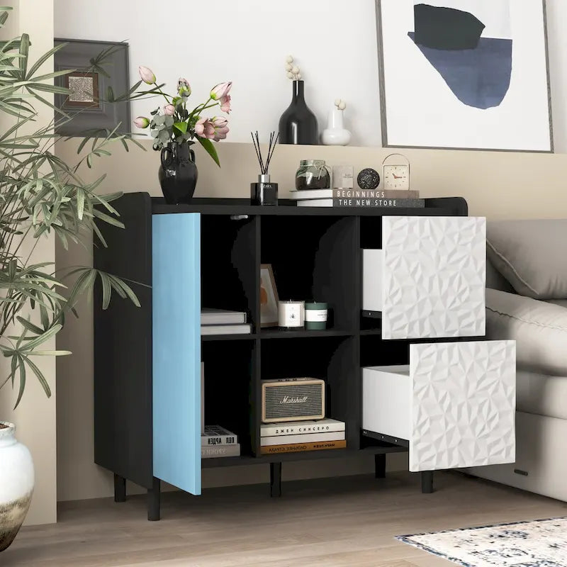 Sideboard Buffet Cabinet with Red Doors, 2 Drawers and 2 Open Compartments