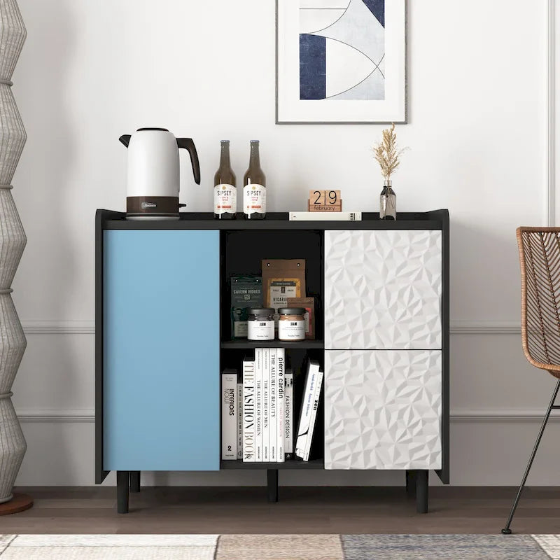 Sideboard Buffet Cabinet with Red Doors, 2 Drawers and 2 Open Compartments