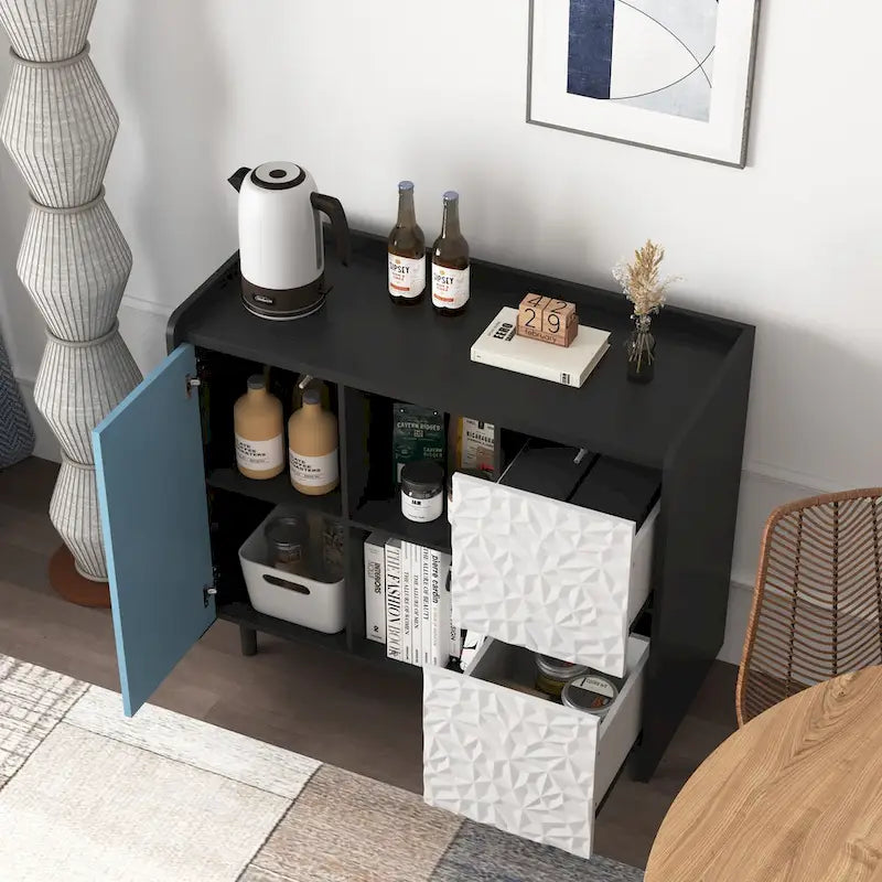 Sideboard Buffet Cabinet with Red Doors, 2 Drawers and 2 Open Compartments