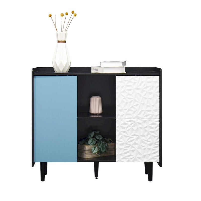 Sideboard Buffet Cabinet with Red Doors, 2 Drawers and 2 Open Compartments