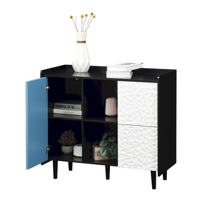 Sideboard Buffet Cabinet with Red Doors, 2 Drawers and 2 Open Compartments