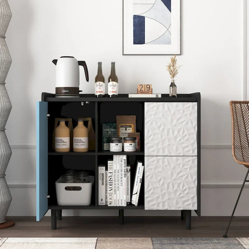 Sideboard Buffet Cabinet with Red Doors, 2 Drawers and 2 Open Compartments