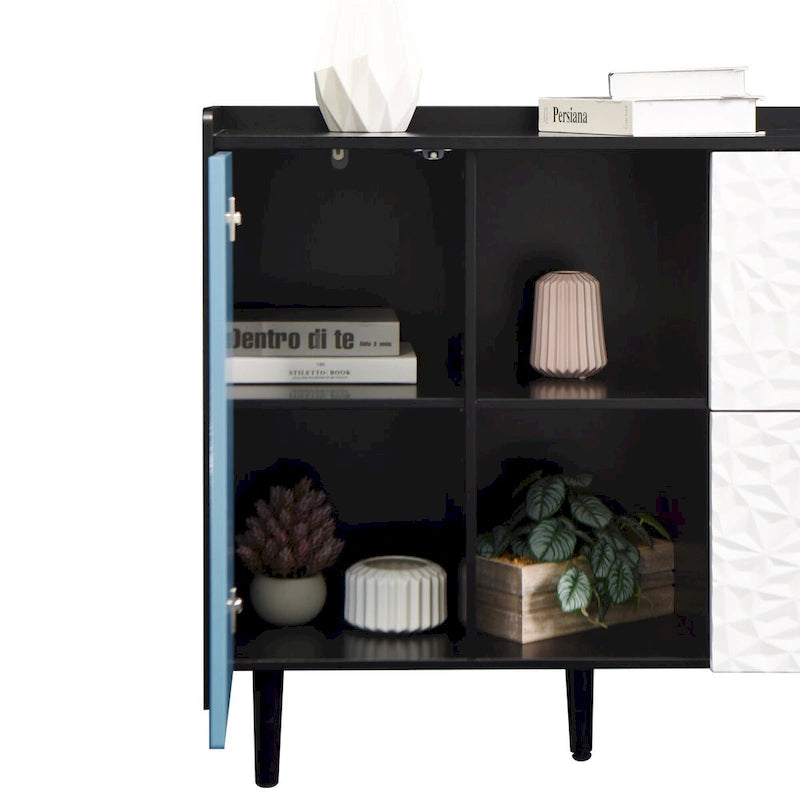 Sideboard Buffet Cabinet with Red Doors, 2 Drawers and 2 Open Compartments
