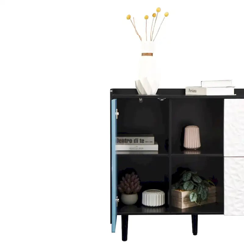 Sideboard Buffet Cabinet with Red Doors, 2 Drawers and 2 Open Compartments