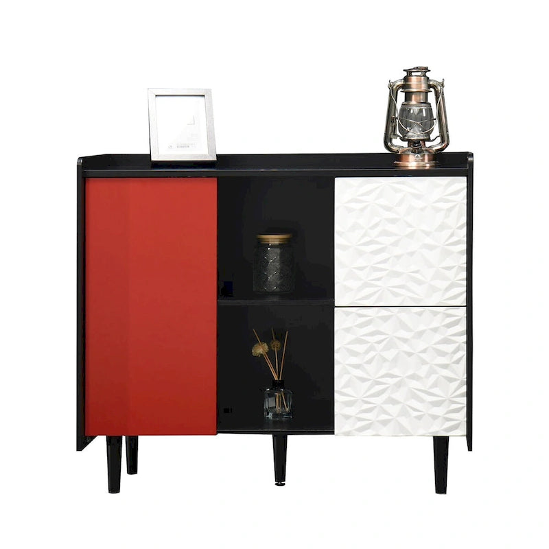Sideboard Buffet Cabinet with Red Doors, 2 Drawers and 2 Open Compartments