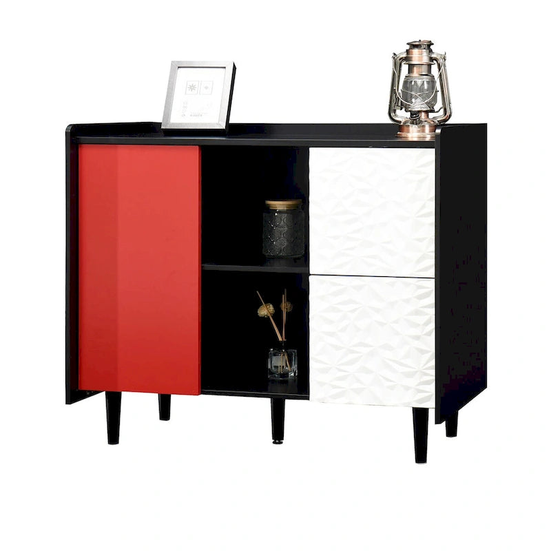 Sideboard Buffet Cabinet with Red Doors, 2 Drawers and 2 Open Compartments