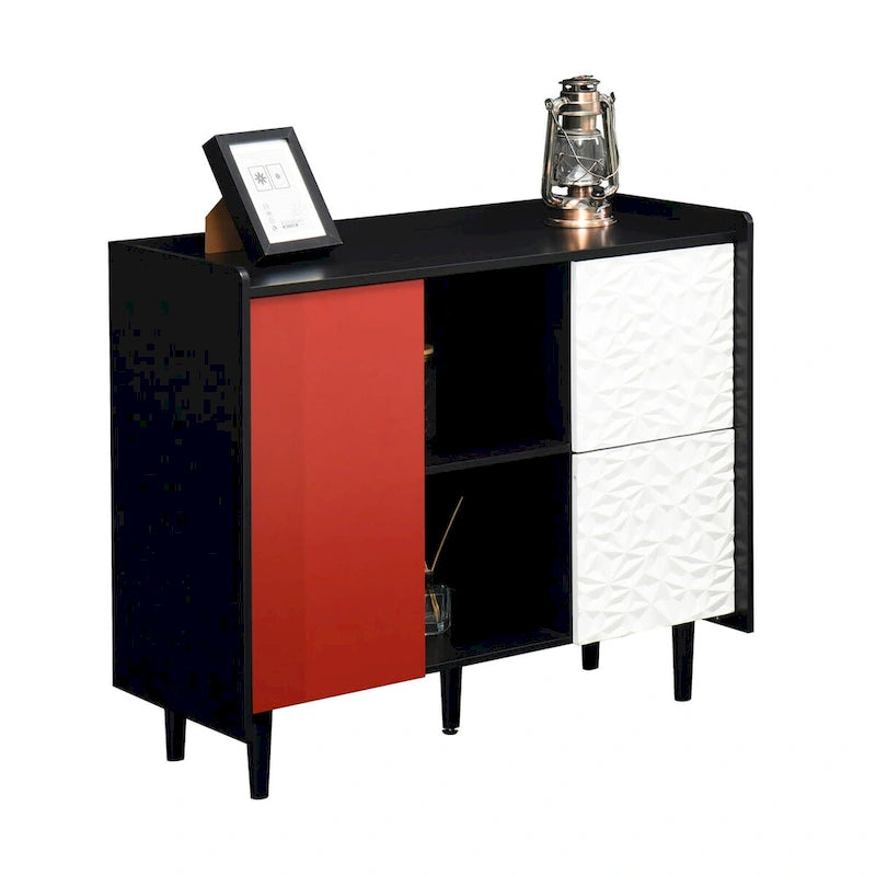 Sideboard Buffet Cabinet with Red Doors, 2 Drawers and 2 Open Compartments