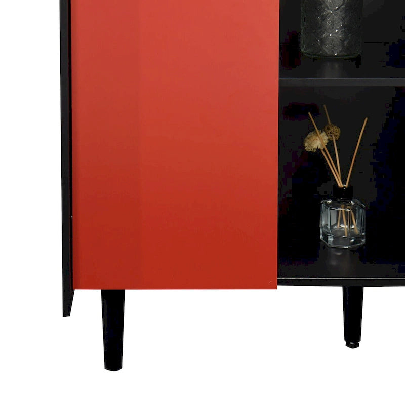 Sideboard Buffet Cabinet with Red Doors, 2 Drawers and 2 Open Compartments