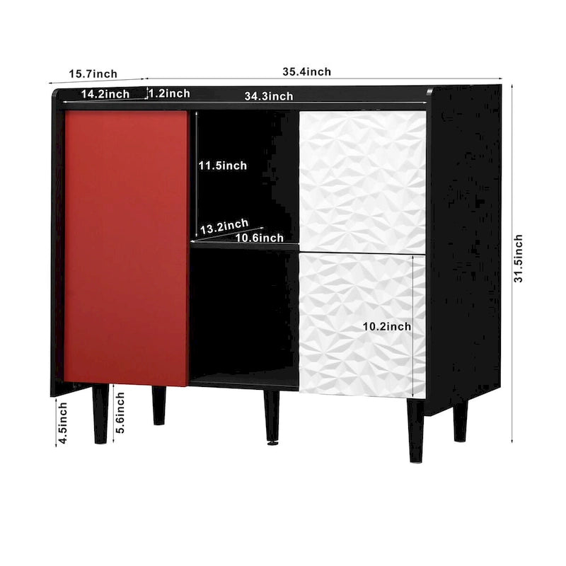 Sideboard Buffet Cabinet with Red Doors, 2 Drawers and 2 Open Compartments