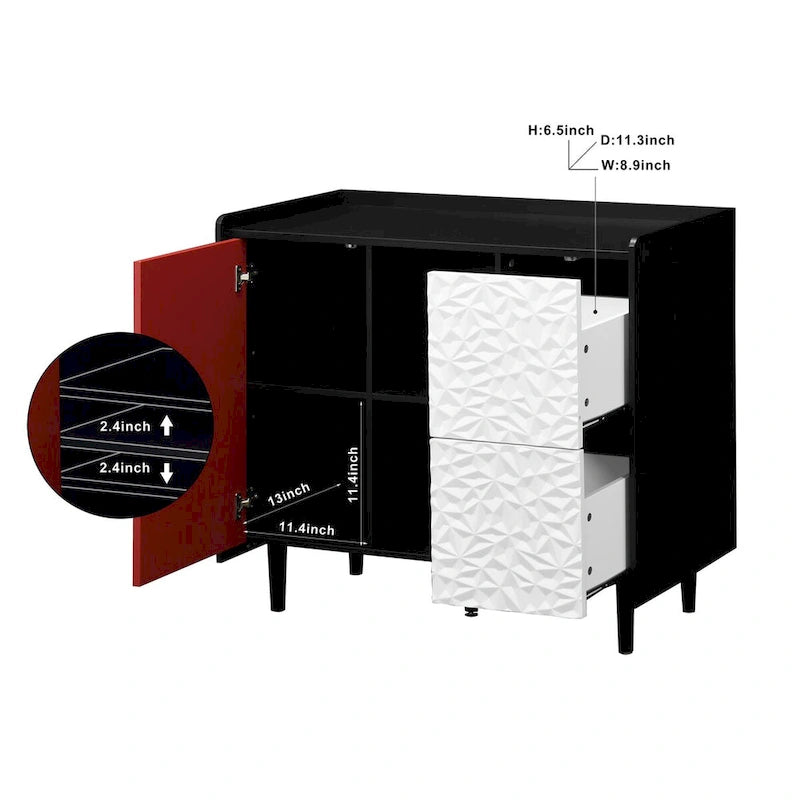 Sideboard Buffet Cabinet with Red Doors, 2 Drawers and 2 Open Compartments