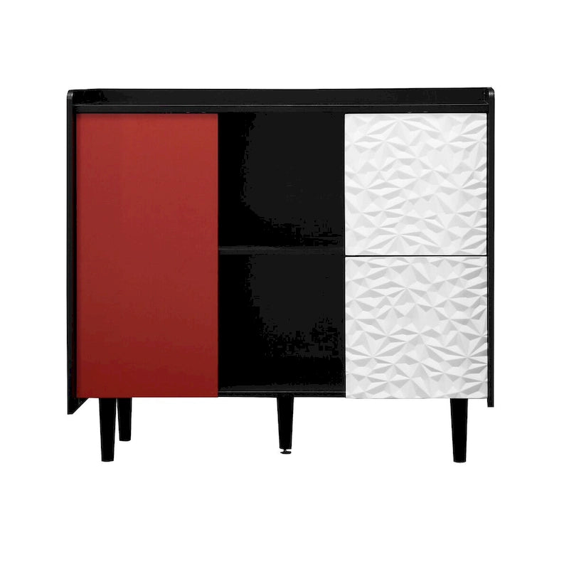 Sideboard Buffet Cabinet with Red Doors, 2 Drawers and 2 Open Compartments