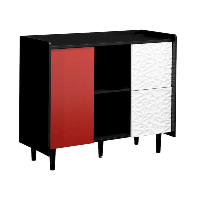 Sideboard Buffet Cabinet with Red Doors, 2 Drawers and 2 Open Compartments