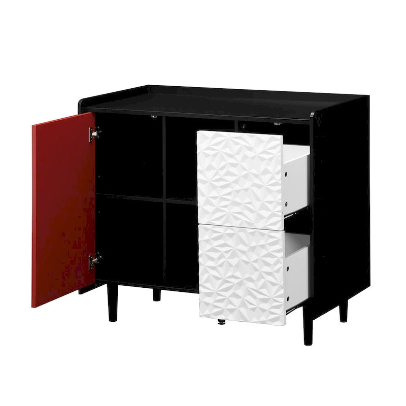 Sideboard Buffet Cabinet with Red Doors, 2 Drawers and 2 Open Compartments